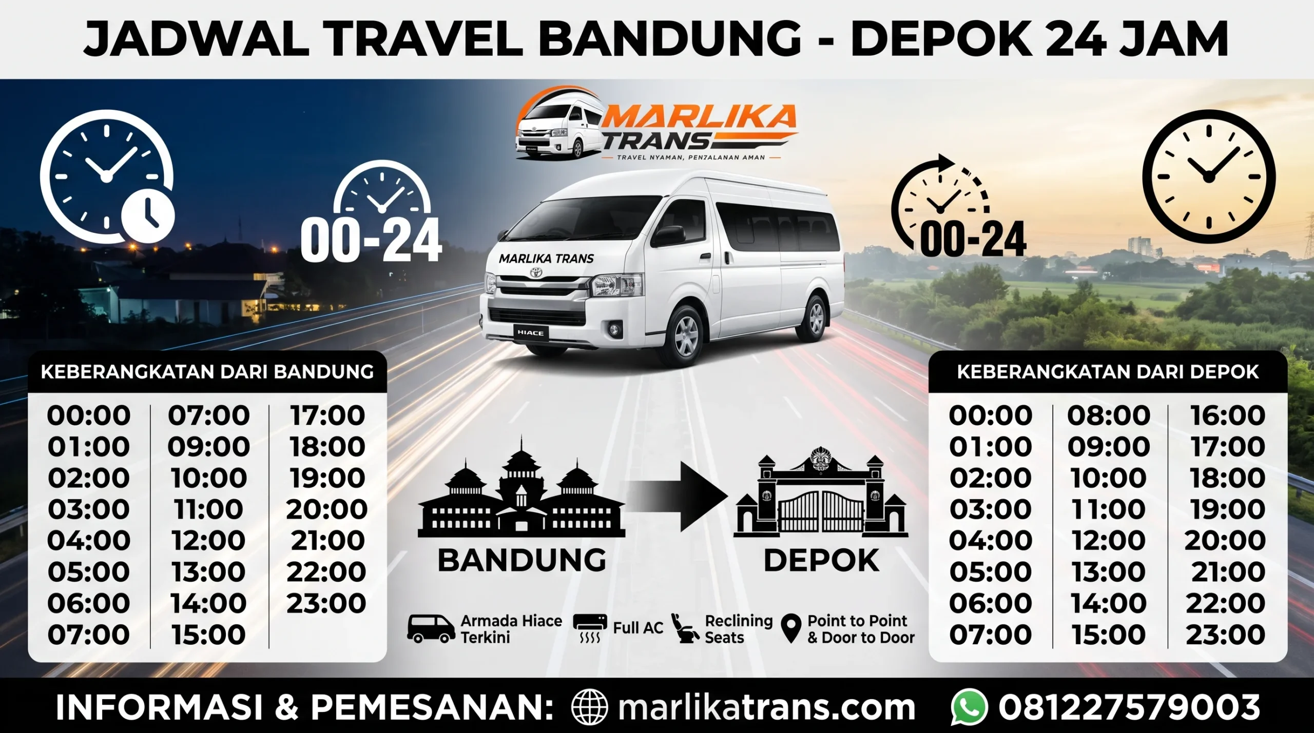 Tabel jadwal travel Bandung Depok 24 jam berangkat pagi siang sore malam dari Marlika Trans