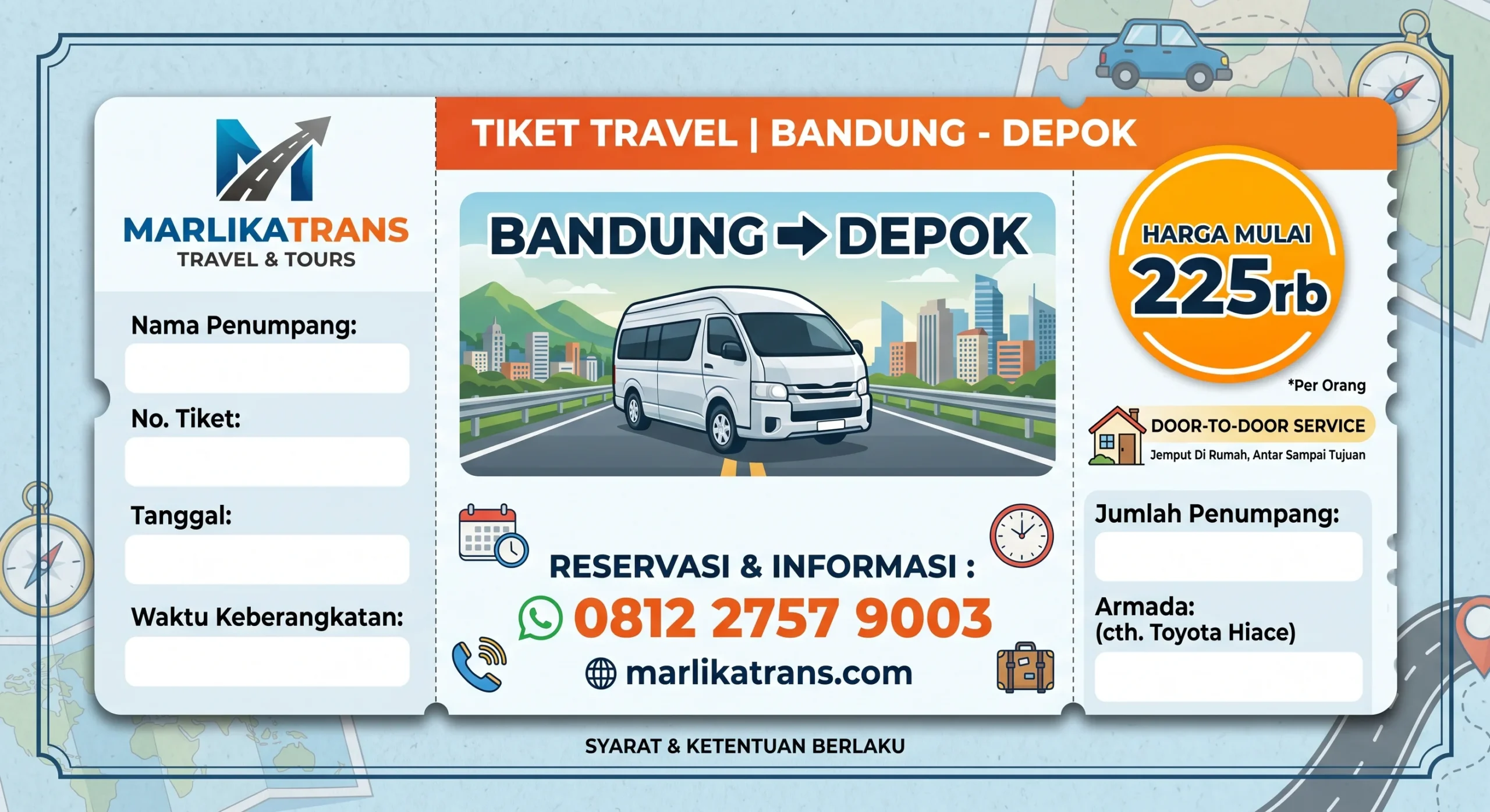 Pemesanan tiket travel Bandung Depok secara online via WhatsApp dengan harga terjangkau di Marlika Trans