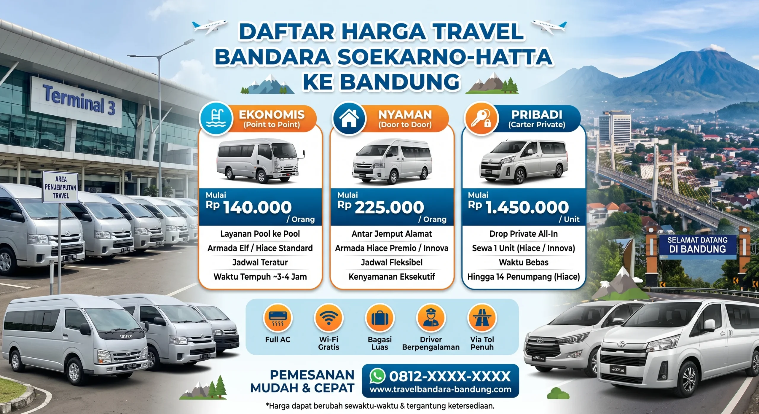 Tabel daftar harga travel bandara soekarno hatta ke bandung transparan murah dan bebas biaya tambahan